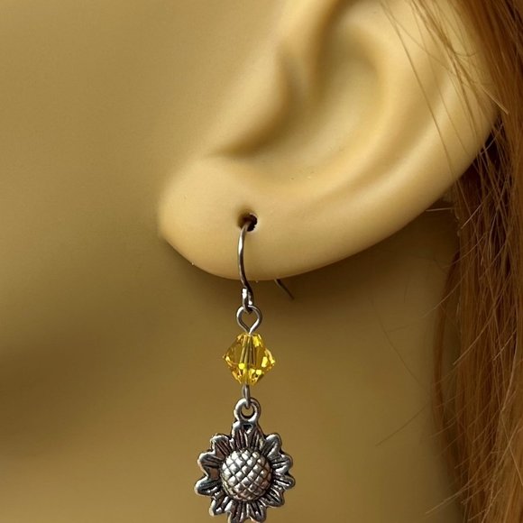 Silver Sunflower Earrings with Swarovski Topaz Crystals Handmade in USA - Picture 4 of 5